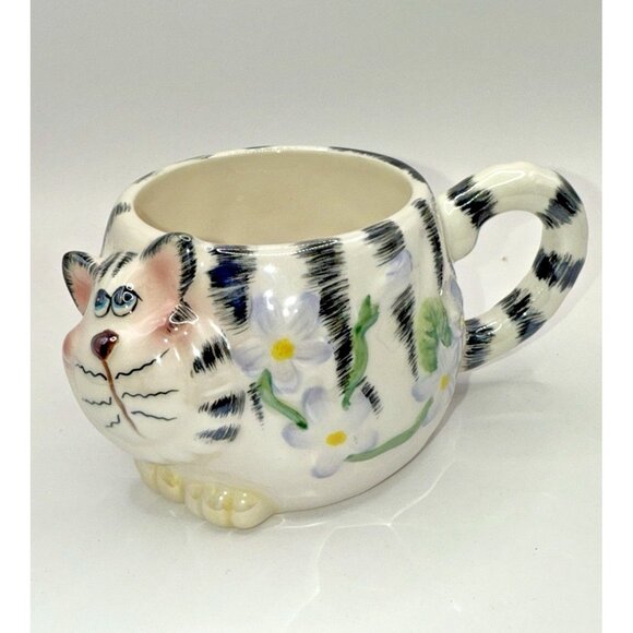 Cute Whimsical Cat Mug Cup Black White Striped Tabby Succulent Air Fern Planter - Picture 2 of 8